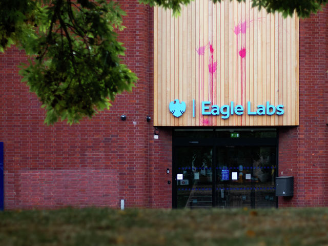 Pro-Palestine activists spray-paint Barclays Eagle Labs